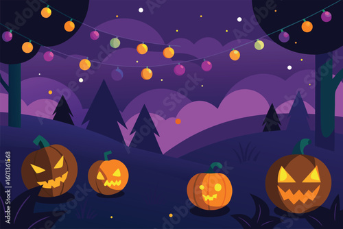 pumpkin patch with bats and magical lights at dusk