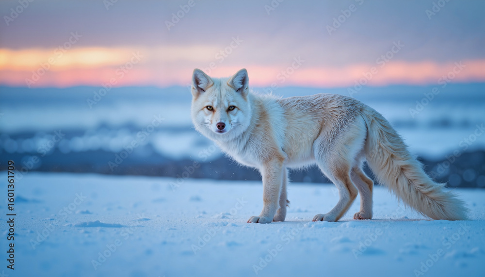 Obraz premium Arctic fox exploring snowy terrain at dusk, nature's beauty
