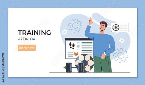 Training at home concept with equipment. Vector illustration