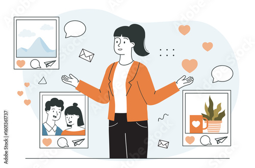 Woman surrounded by social media posts. Vector illustration