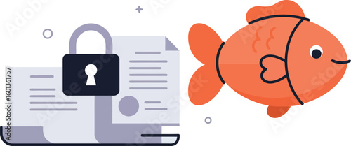 Phishing concept with document lock and fish illustration