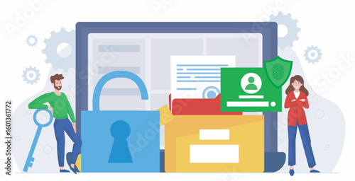 Cybersecurity data protection concept scene. Vector illustration