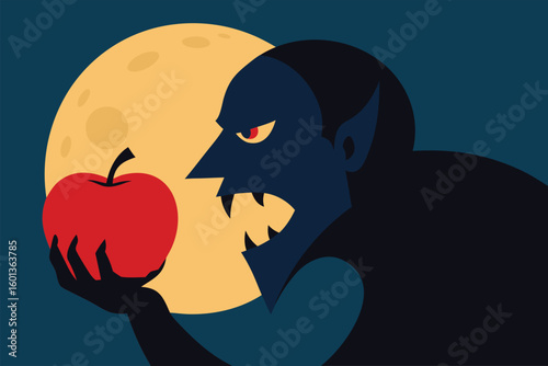 vampire biting into a spooky apple under moonlight