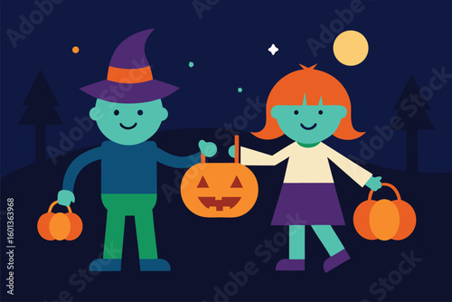 vector illustration of children trick or treating 