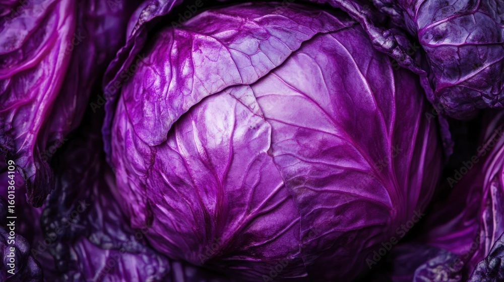Obraz premium Close-up view of the detailed texture of a head of red cabbage.