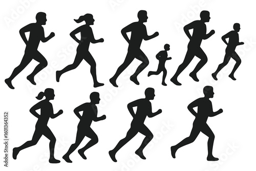 Vector illustration of runners in motion, a group of silhouetted figures viewed from the side