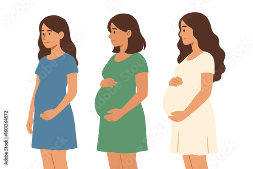Diverse group of expectant mothers from various ethnicities, including African American, Arab, and Caucasian women, showcasing different cultural attire and styles