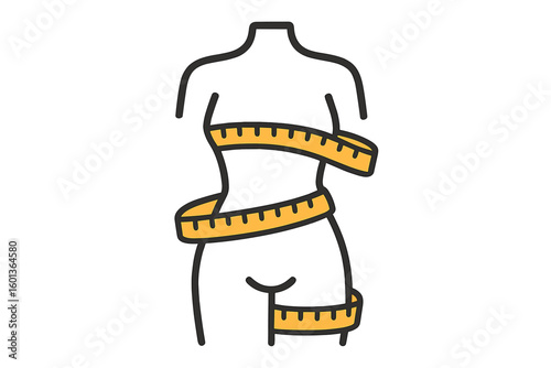 Female silhouette of a fat and shapely figure with a measuring tape around, representing a weight loss challenge logo as an isolated icon