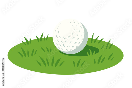 Vector illustration of a golf ball situated on a textured green grass background