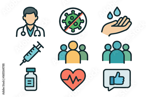 A comprehensive public health icon set featuring community health, disease prevention, health protection, medical services, health awareness, hygiene, handwashing, and other related concepts in a