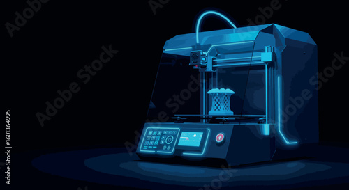 Futuristic neon 3d printer in dark room with blue glow