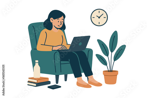 Vector illustration depicting exhausted woman struggling with work-life balance, showing imbalance of work, stress, and health, symbolizing healthcare and workaholic conflicts