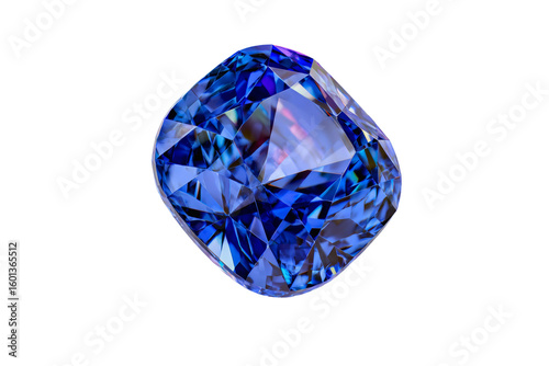 A blue gemstone sits on a white background