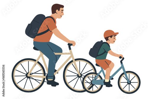 Vector illustration of a minimalist black linear sketch featuring a father and son riding bicycles together in a continuous line art drawing style, isolated on a white background