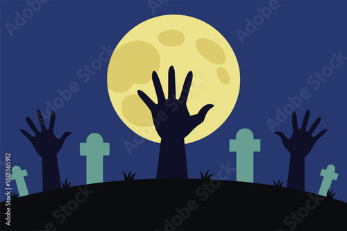 zombie hands rising from the ground in a graveyard