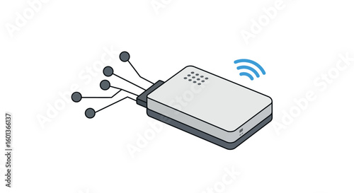 Isometric router with network connections and wireless signal icon