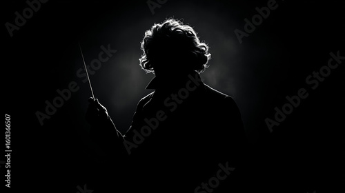 beethoven as conductor raising his baton silhouette on black background