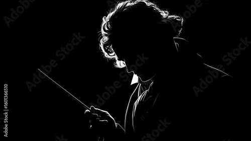 beethoven as conductor raising his baton silhouette on black background