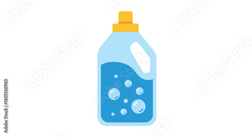 Colorful bottled liquid cleaner with bubbles on white background