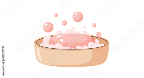 Minimalist pink soap bar with foamy bubbles in wooden dish