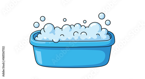 Blue tub filled with soapy foam bubbles on white background