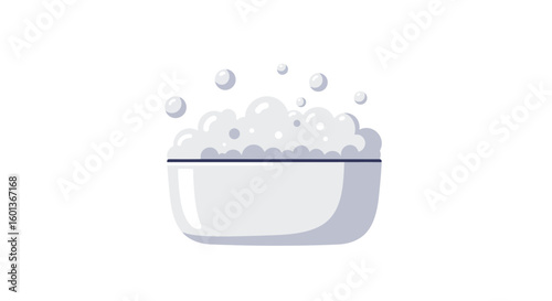 Clean white bathtub filled with bubbles and foam in minimalist style