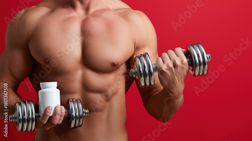 Muscular caucasian male exercising with dumbbells and supplement bottle on red background