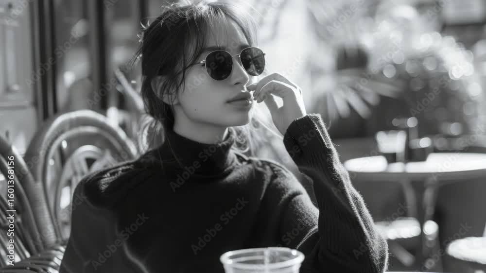 A woman in a black sweater, wearing dark sunglasses, looking away from the camera while seated at an outdoor cafe table. Her pose suggests she is deep in thought or enjoying her surroundings.