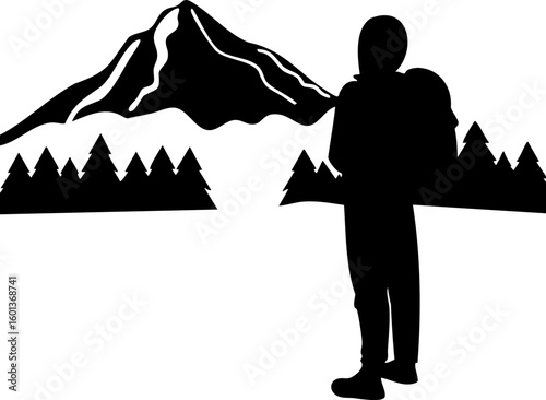Silhouette of A person with a backpack looking at a mountain