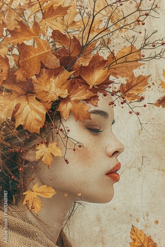 autumn collage of female portrait partially covered with golden maple leaves, berries, branches instead of hair, warm soft lighting, vintage boho style, botanical elements, muted autumn colors