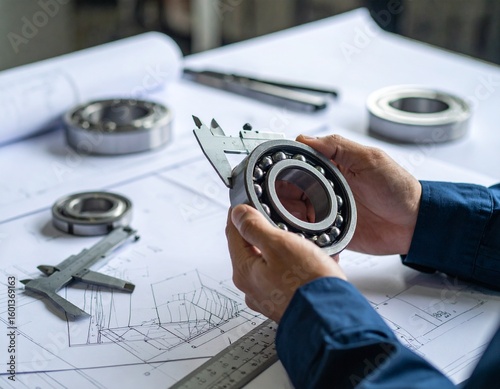 Wallpaper Mural Closeup of an engineers hands using a caliper to measure a ball bearing on a desk with blueprints Torontodigital.ca