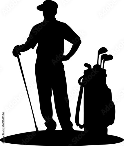 Silhouette of a golfer: A detailed Laser Cut of a golfer in a dynamic pose, standing beside his golf bag, on a green field, ready to swing for the perfect shot