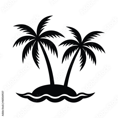 Two palm trees botany on island silhouette
