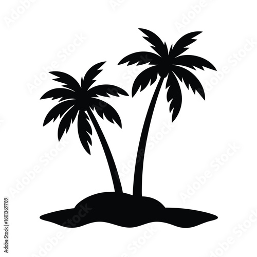 Two palm trees botany on small island silhouette