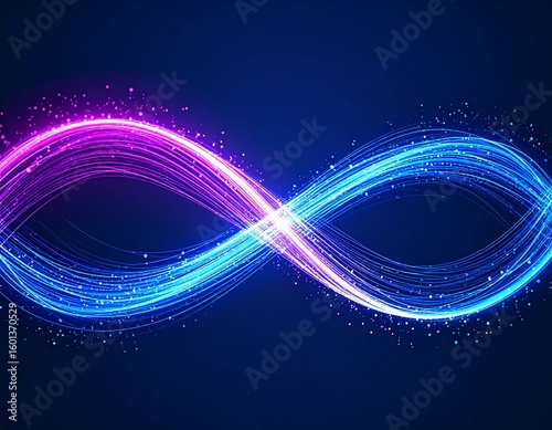 An abstract infinity symbol formed by glowing blue and pink light streaks on a dark blue background