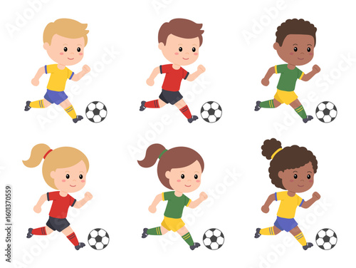 Cartoon Kids Playing Soccer or Football Clipart Illustration, with Boy and Girl Variations