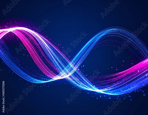 An abstract infinity symbol formed by glowing blue and pink light streaks on a dark blue background