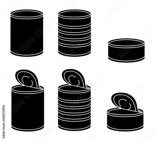 Blank Tin or Aluminum Can Silhouette Stamp Template Clipart Illustrations, with Open and Closed as well as Tall and Short Variations