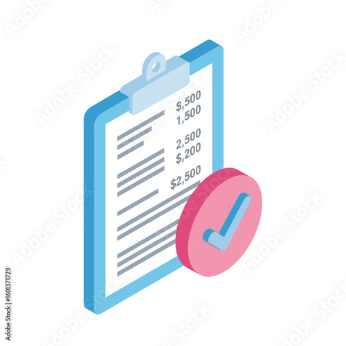 Isometric illustration of a clipboard with financial figures and a pink check mark, symbolizing approval or confirmation.