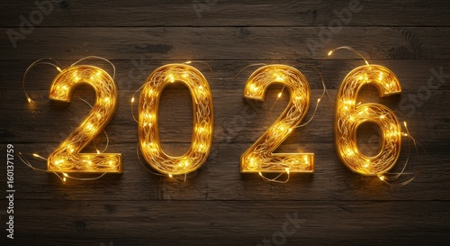 Illuminated 2026 numbers on wooden background with copy space  