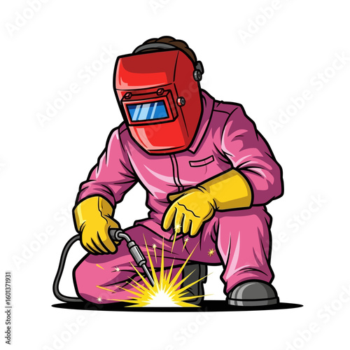 Cartoon illustration of a welder kneeling, wearing a red helmet and pink overalls, welding metal with bright sparks flying.