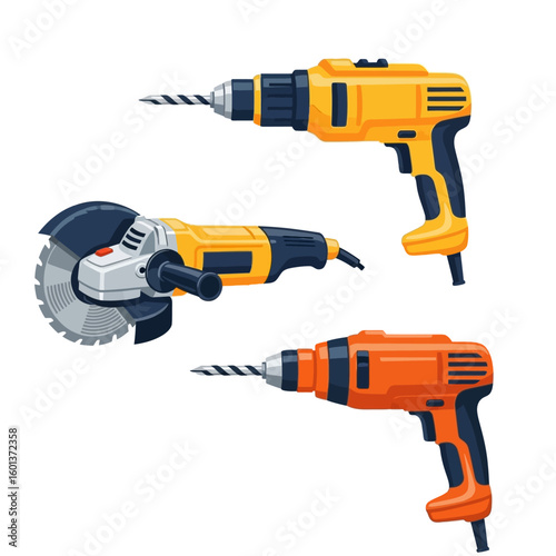 Illustration of three power tools: two drills, one yellow and one orange, and an angle grinder, all on a white background.