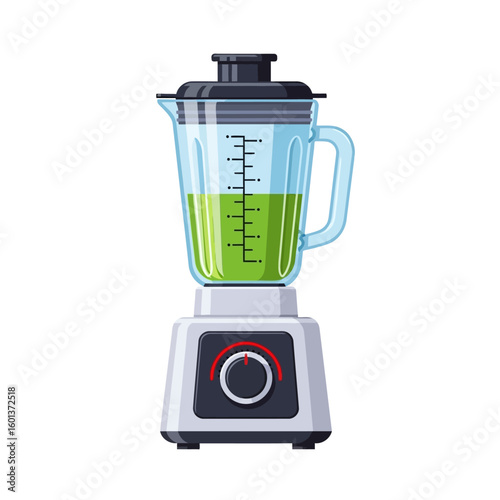 Illustration of a blender with a clear glass jar filled with a green liquid, sitting on a white base with a red control knob.