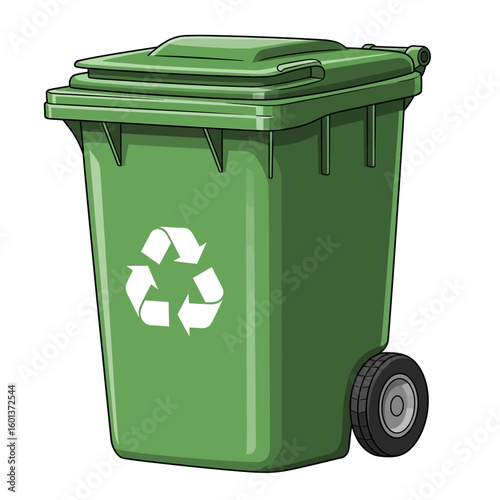 Illustration of a green wheelie bin with a recycling symbol on its side, isolated on a white background.