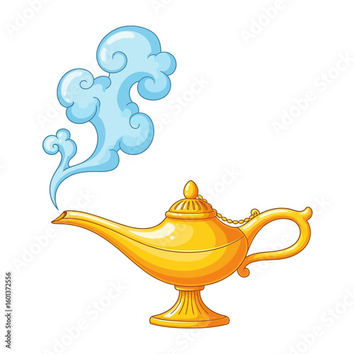 A golden genie lamp with ornate details releases a swirling blue cloud of magical smoke.