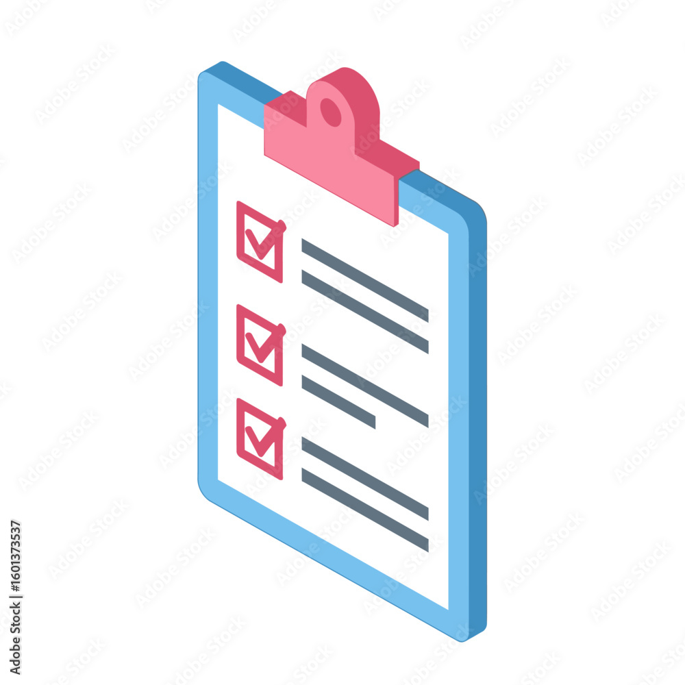 Isometric illustration of a blue clipboard with a pink clip and three checked boxes. Isometric illustration of a blue clipboard with a pink clip and three checked boxes.