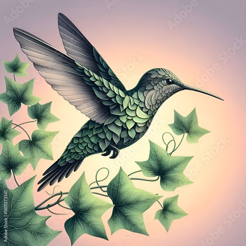 Vibrant hummingbird in flight surrounded by lush ivy leaves at sunset in intricate artistic illustration
