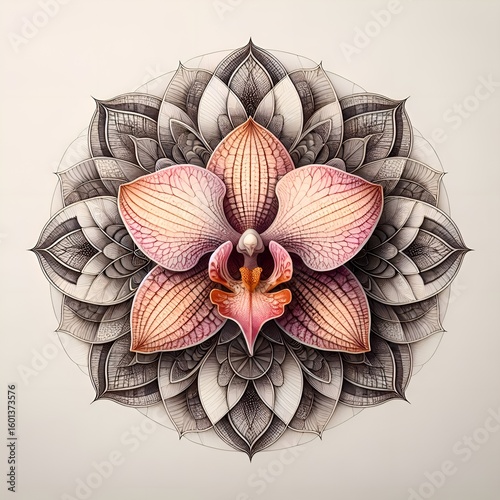 Intricate orchid flower design surrounded by mandala patterns in detailed artistic illustration
