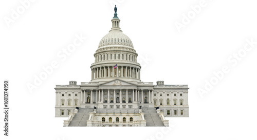 The iconic United States Capitol Building, white marble, grand neoclassical architecture, majestic dome with Statue of Freedom, precise details, against a seamless transparent background with bright