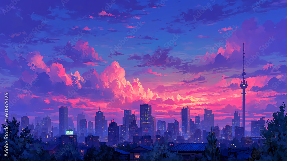 Obraz premium Colorful sunset over a vibrant city skyline with clouds.